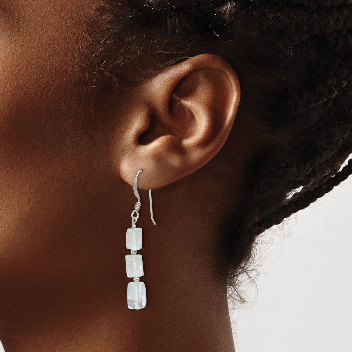Sterling Silver Dangle Earrings with Light Blue Quartz Beads, Rectangle Drop Design