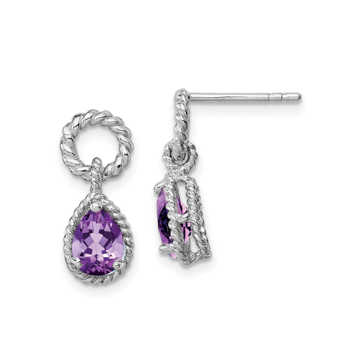 Sterling Silver Dangle Earrings with Amethyst Teardrops in Twisted Rope Setting