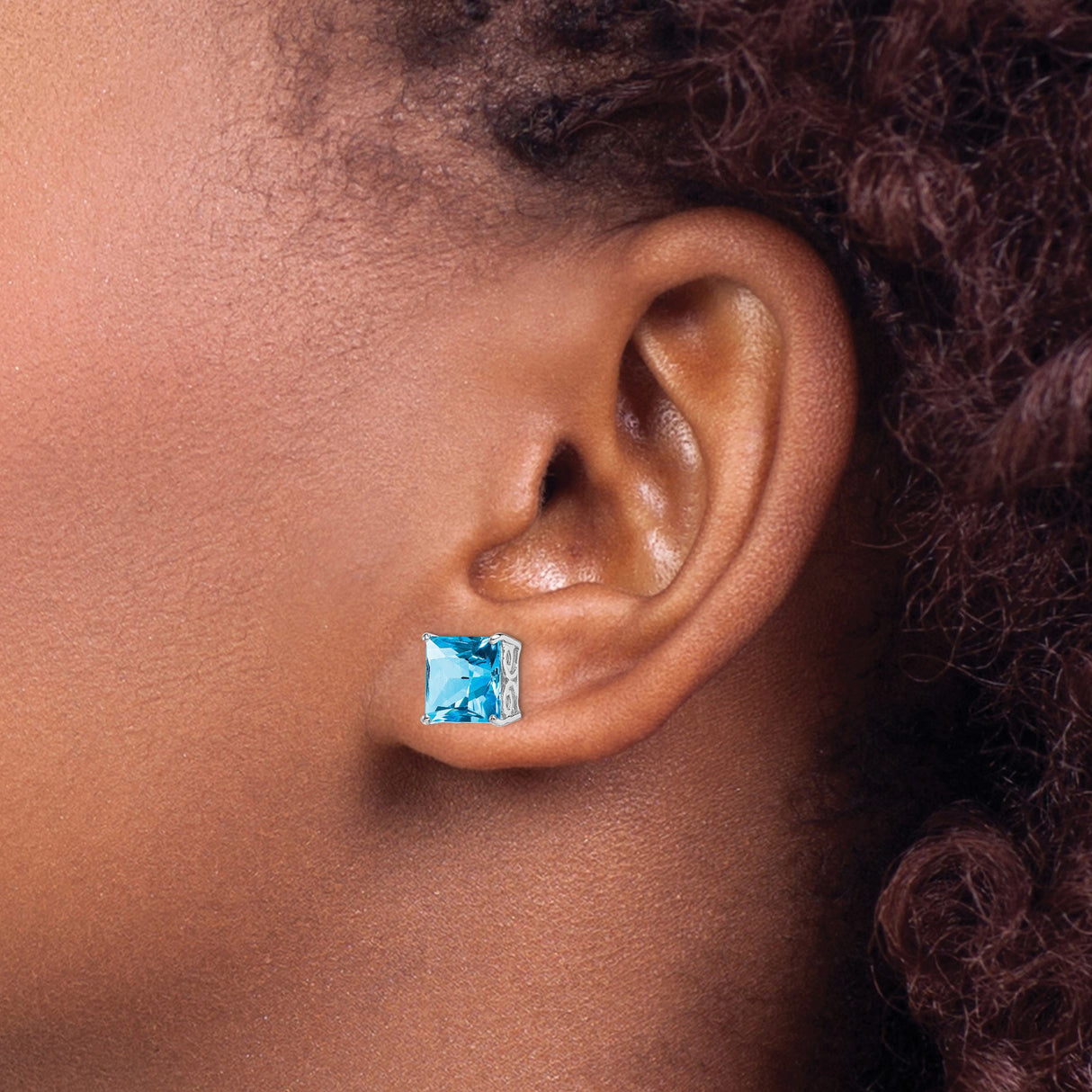 Sterling Silver Stud Earrings with Square-Cut Swiss Blue Topaz, Modern Minimalist Design