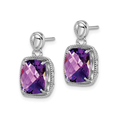 Sterling Silver Amethyst Stud Earrings with Cushion Cut Gemstone and Vintage Rope Detail