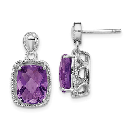 Sterling Silver Amethyst Stud Earrings with Cushion Cut Gemstone and Vintage Rope Detail