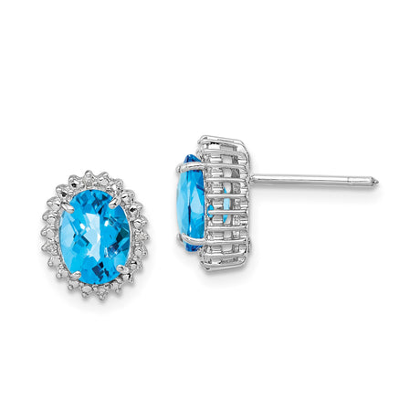 Sterling Silver Oval Stud Earrings with Swiss Blue Topaz and Diamond Halo