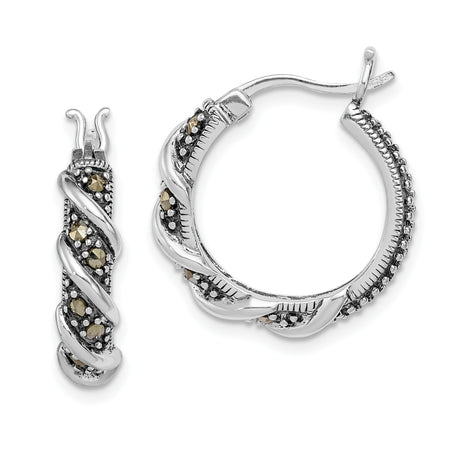 Sterling Silver Twisted Hoop Earrings with Marcasite Accents, Vintage Inspired Design