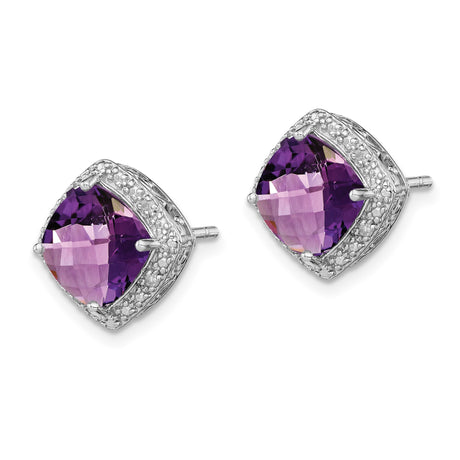 Sterling Silver Amethyst Stud Earrings with Diamond Accents and Filigree Detailing