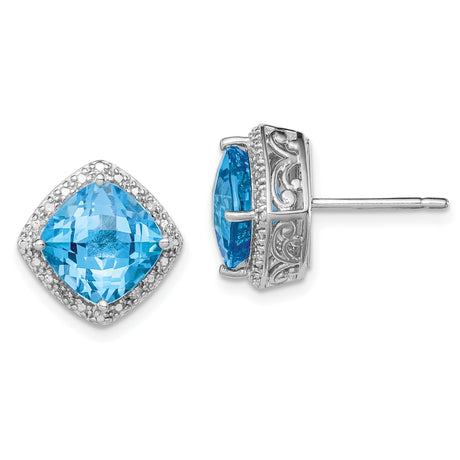 Sterling Silver Blue Topaz and Diamond Stud Earrings with Filigree Detailing for Women