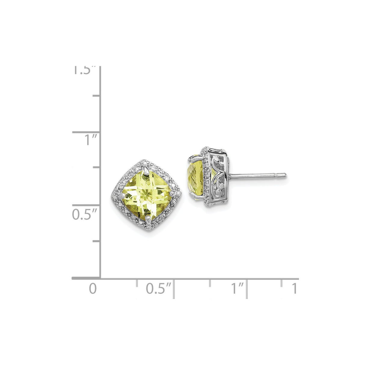 Sterling Silver Stud Earrings with Lemon Quartz and Diamond Accents, Vintage Filigree Design