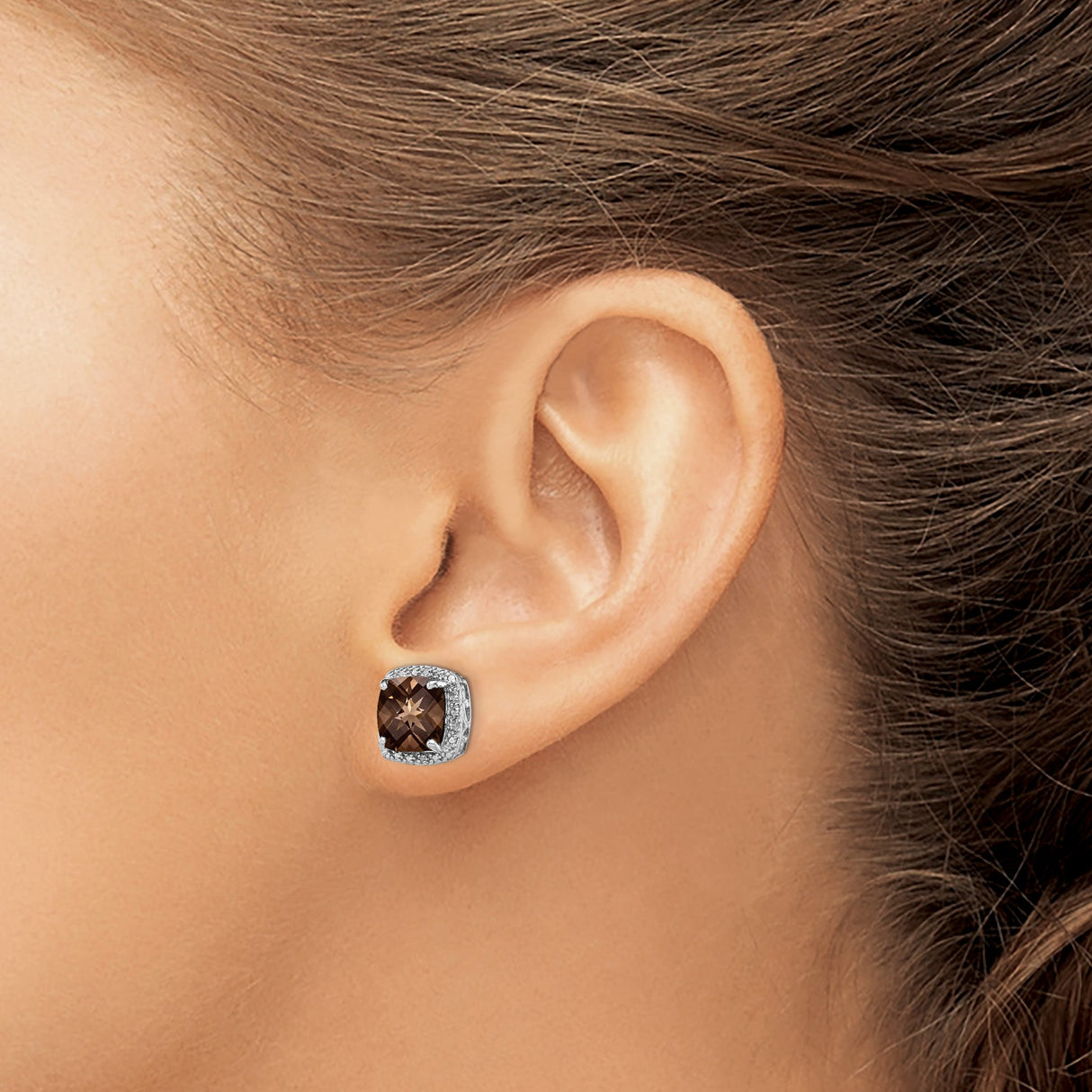Sterling Silver Stud Earrings with Smoky Quartz, Diamond Accents, Filigree Vintage Style