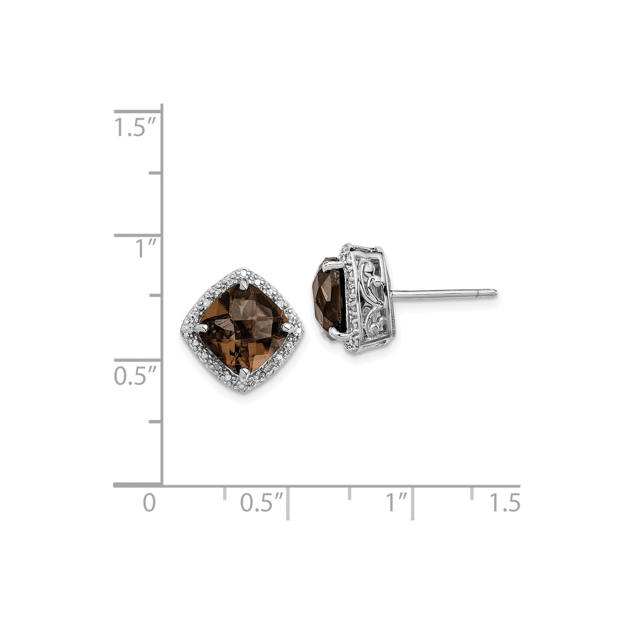 Sterling Silver Stud Earrings with Smoky Quartz, Diamond Accents, Filigree Vintage Style