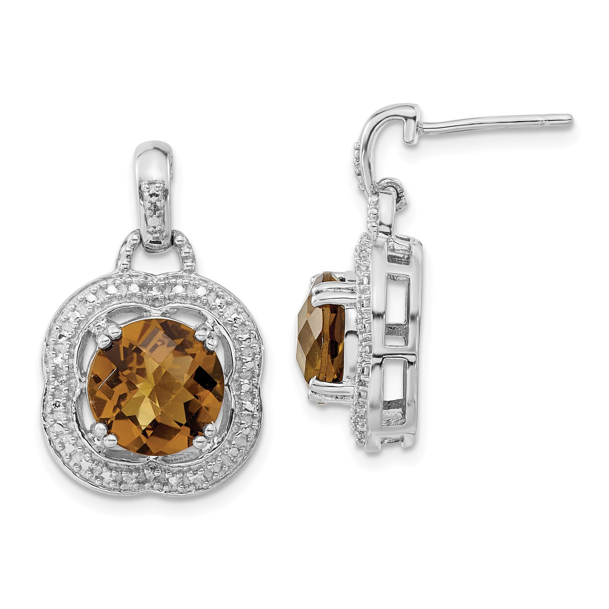 Sterling Silver Dangle Earrings with Whiskey Quartz in Halo Design