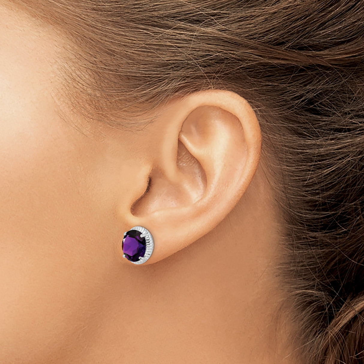 Sterling Silver Amethyst Stud Earrings with Oval Faceted Gemstone Basket Setting
