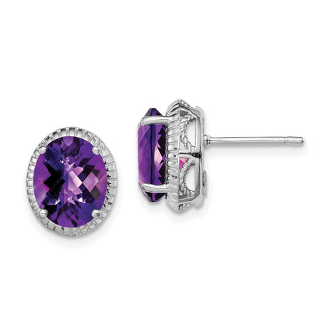Sterling Silver Amethyst Stud Earrings with Oval Faceted Gemstone Basket Setting