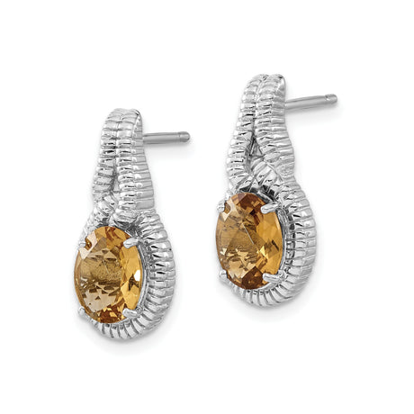 Sterling Silver Dangle Earrings with Whiskey Quartz Oval Gemstone, Twisted Loop Design
