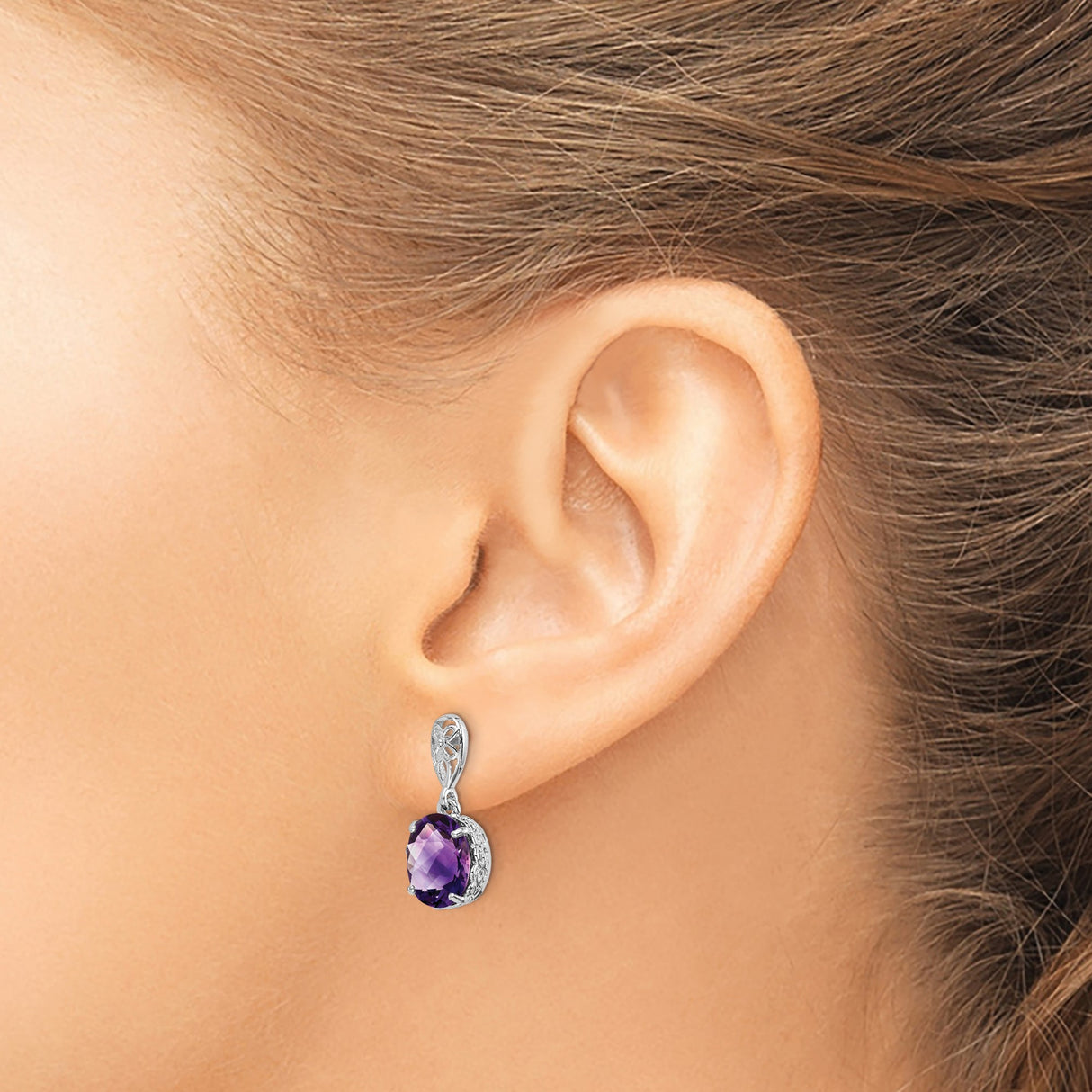 Sterling Silver Dangle Earrings with Oval Cut Amethyst and Floral Filigree Design