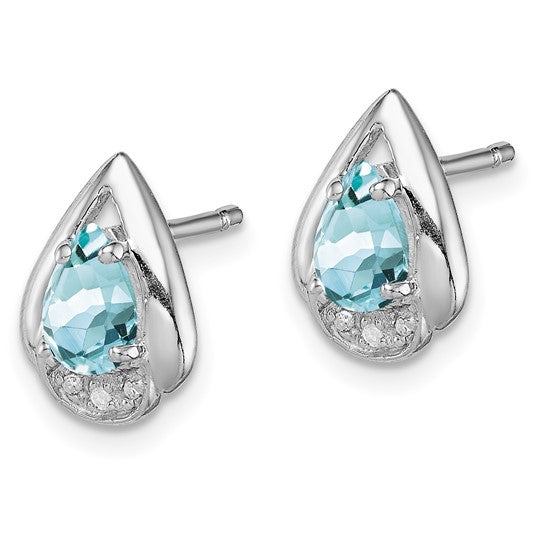 Sterling Silver Teardrop Stud Earrings with Aquamarine and Diamond Accents