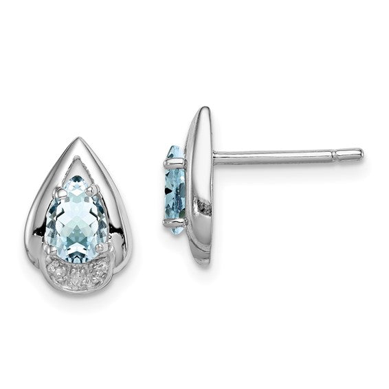 Sterling Silver Teardrop Stud Earrings with Aquamarine and Diamond Accents