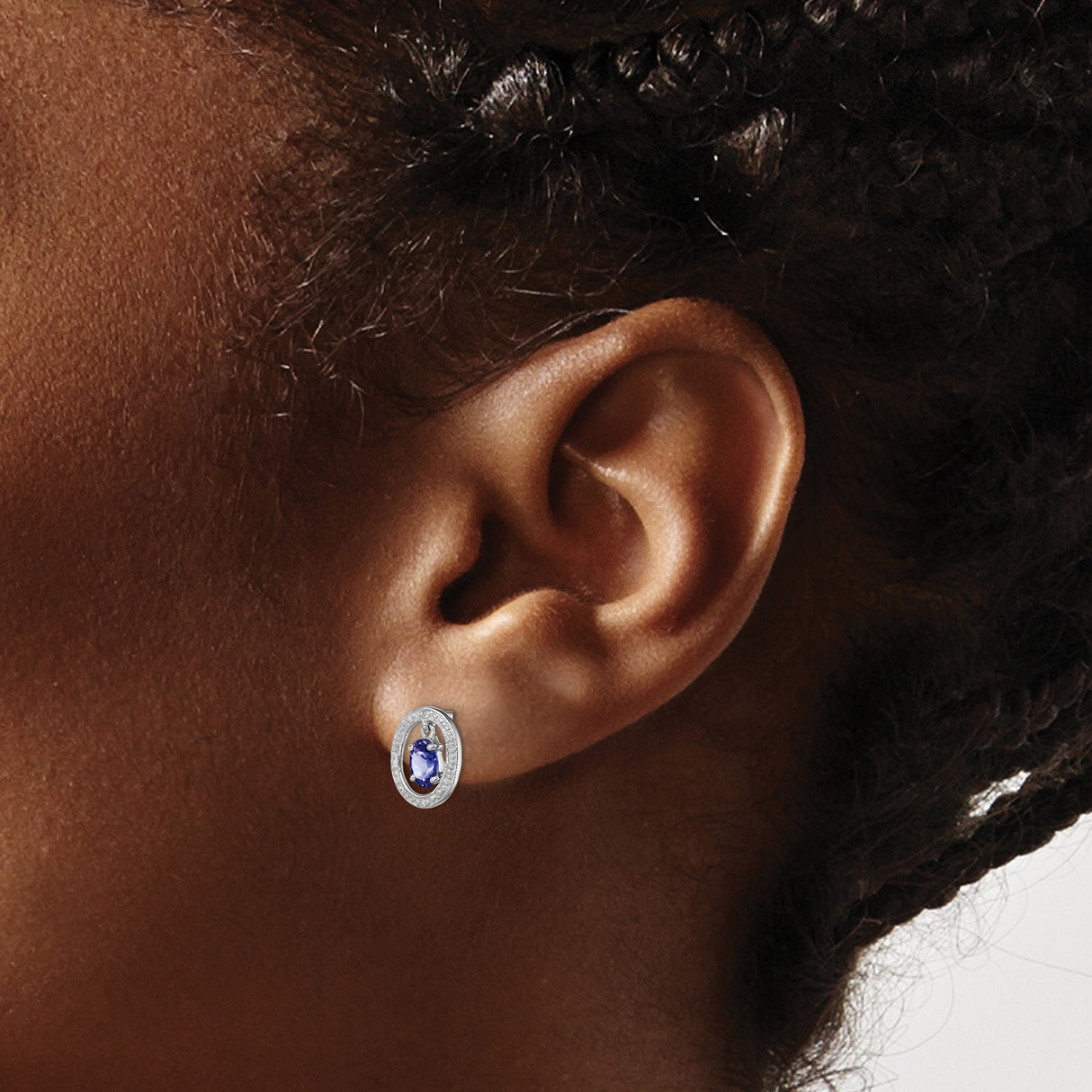 Sterling Silver Tanzanite Stud Earrings with Diamond Halo