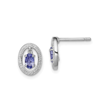 Sterling Silver Tanzanite Oval Stud Earrings for Women with Halo of Clear Stones, Elegant Sparkling Fine Jewelry, Blue Gemstone Statement Studs, Timeless Formal Silver Earrings for Daily Wear