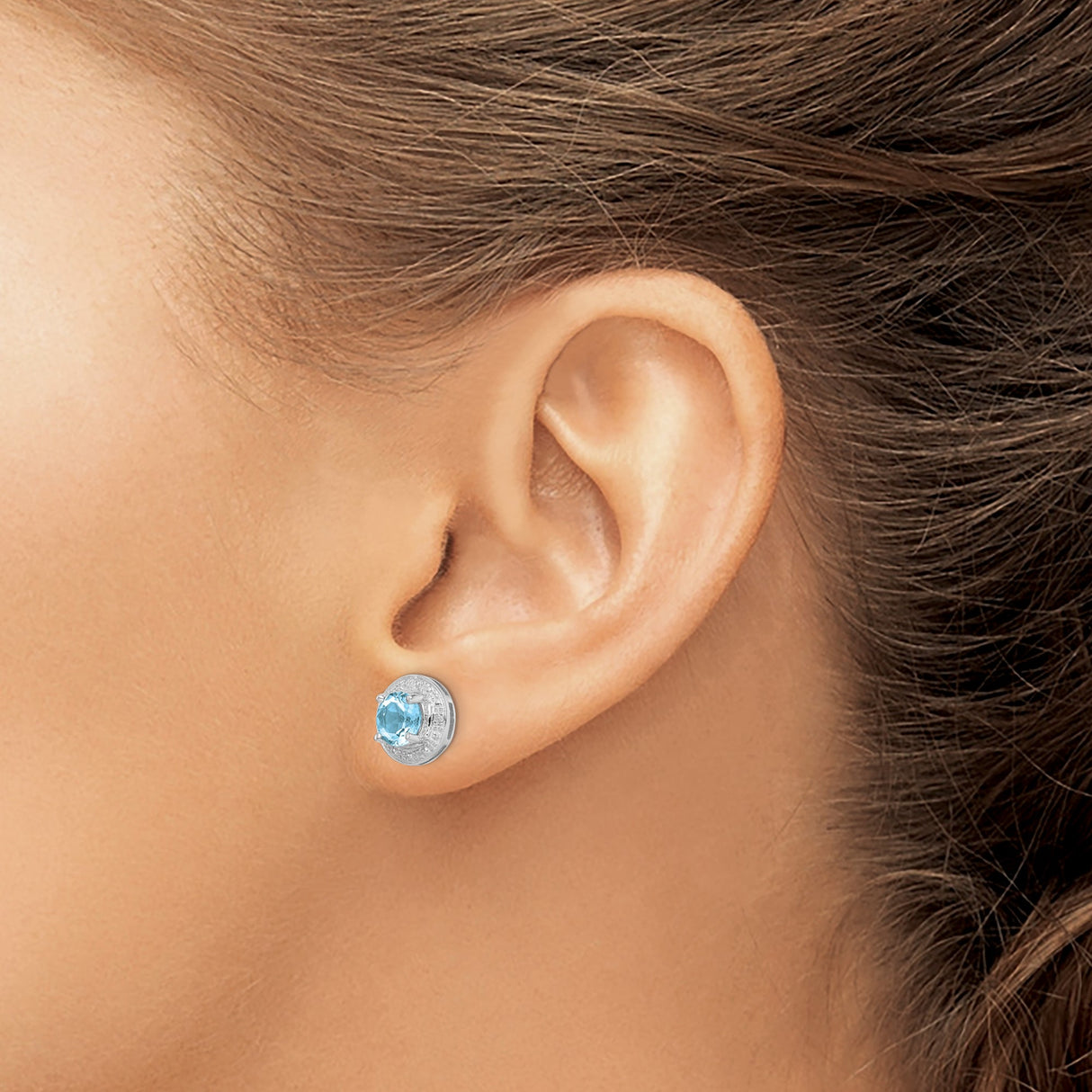 Sterling Silver Stud Earrings with Sky Blue Topaz and Diamond Halo