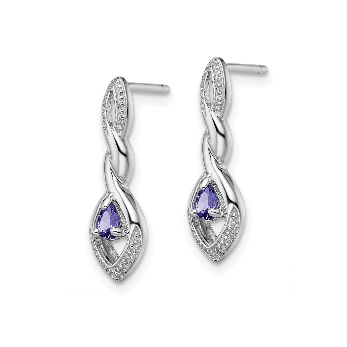 Sterling Silver Dangle Earrings with Tanzanite and Diamond, Twisted Marquise Teardrop Design