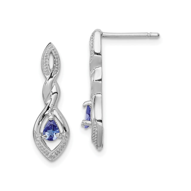 Sterling Silver Dangle Earrings with Tanzanite and Diamond, Twisted Marquise Teardrop Design