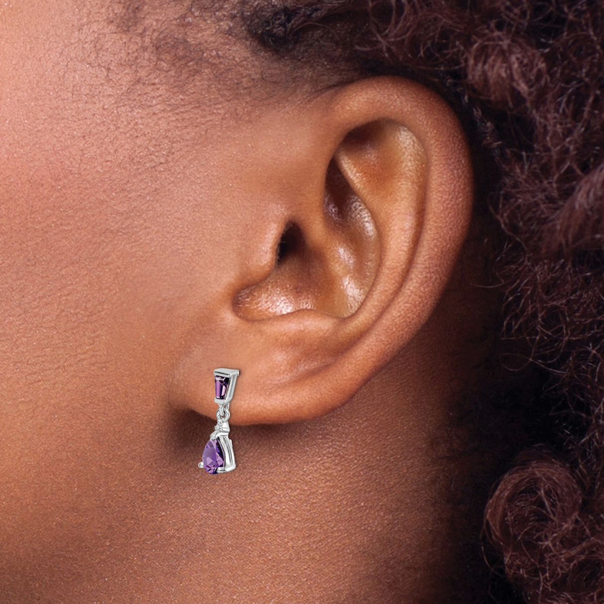 Sterling Silver Dangle Earrings with Faceted Pear and Baguette Cut Amethyst, Modern Drop Design
