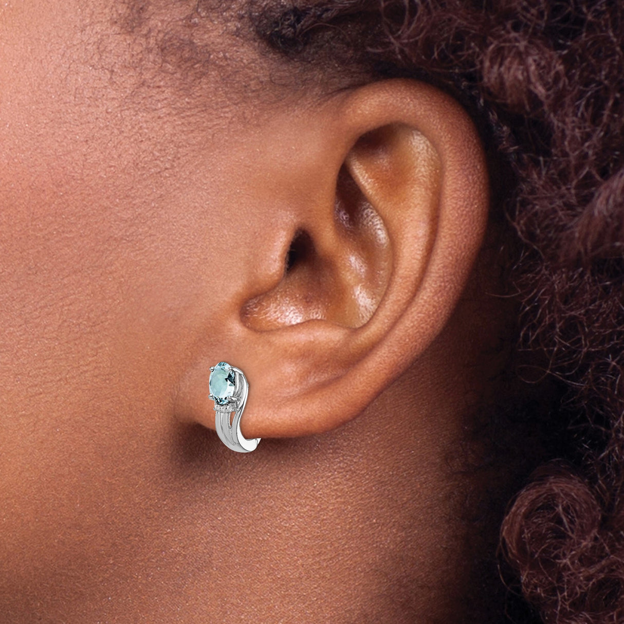 Sterling Silver Hoop Earrings with Oval Aquamarine and Diamond Accents, Polished Dangle Design