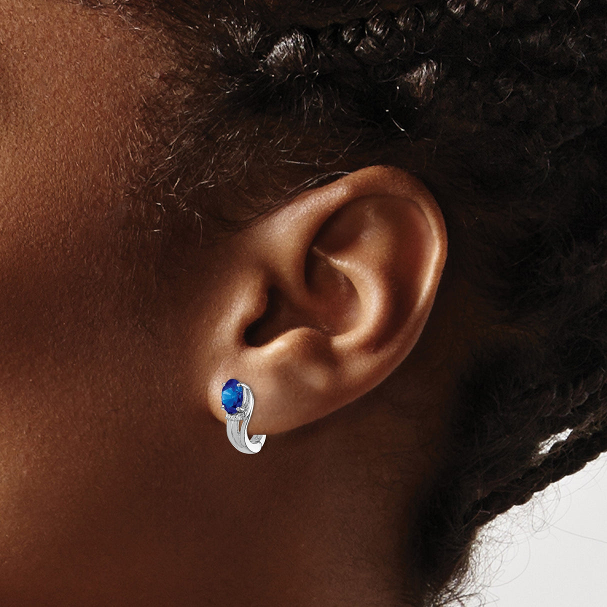 Sterling Silver Hoop Earrings with Blue Sapphire and Diamond Wave Design