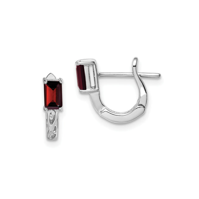 Sterling Silver Hoop Earrings with Garnet, Filigree Accents, Celtic Style, January Birthstone