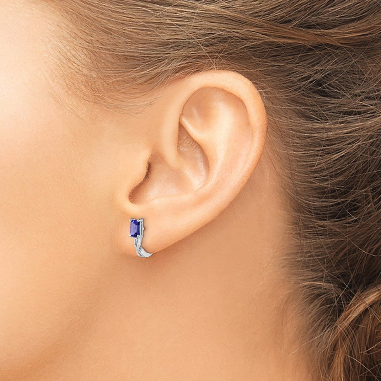 Sterling Silver Hoop Earrings with Tanzanite, Rectangular Gemstones, Openwork Design