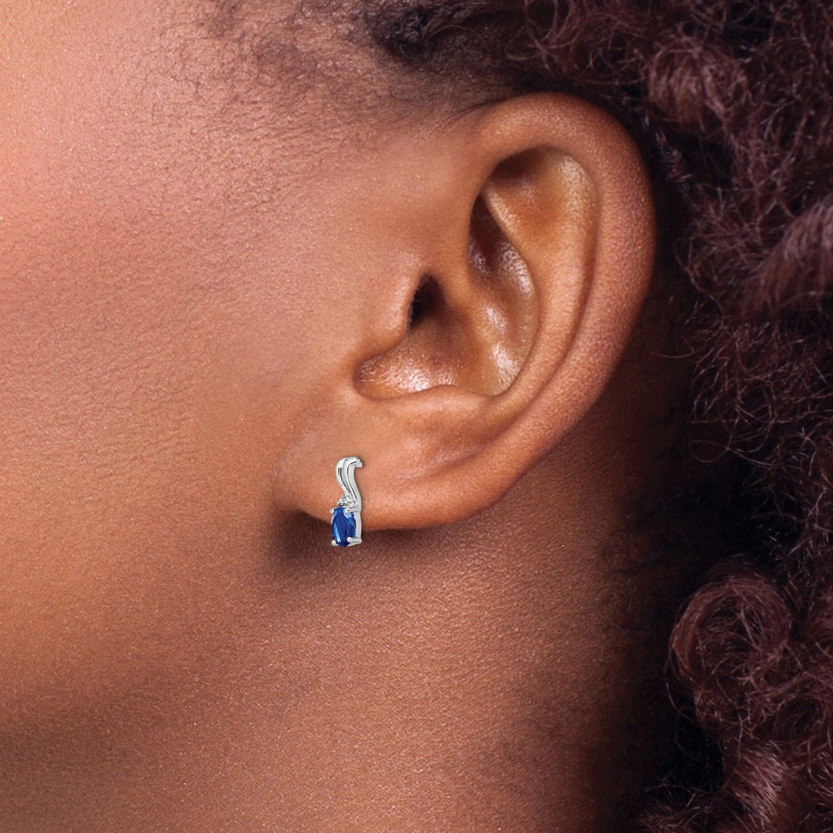 Sterling Silver Stud Earrings with Oval Sapphire and Diamond Accents, Wave Design for Women