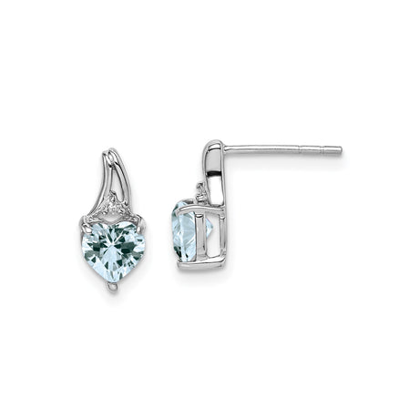 Sterling Silver Heart Stud Earrings with Aquamarine and Diamond Accents