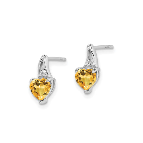 Sterling Silver Heart Stud Earrings with Citrine and Diamond Accents for Women