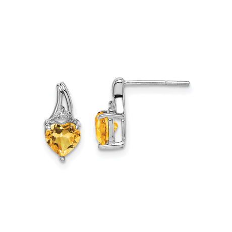 Sterling Silver Heart Stud Earrings with Citrine and Diamond Accents for Women