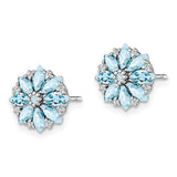Sterling Silver Stud Earrings with Aquamarine and Diamond Accents, Floral Nature-Inspired Design