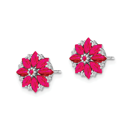 Sterling Silver Stud Earrings with Ruby and Diamond, Floral Design for Women