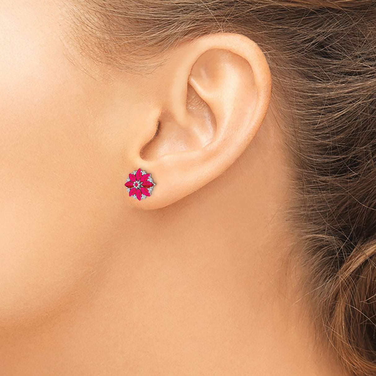 Sterling Silver Stud Earrings with Ruby and Diamond, Floral Design for Women
