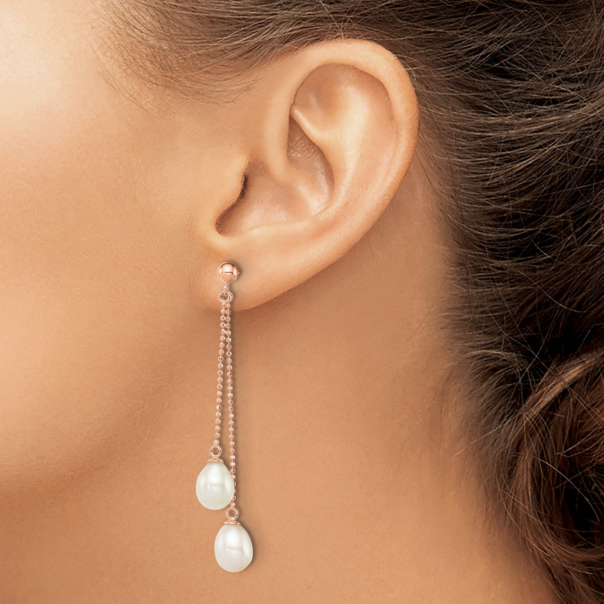 Sterling Silver Drop Earrings with Freshwater Cultured Pearls, Rose Gold Chains, Long Dangle Design