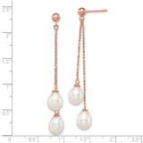 Sterling Silver Drop Earrings with Freshwater Cultured Pearls, Rose Gold Chains, Long Dangle Design