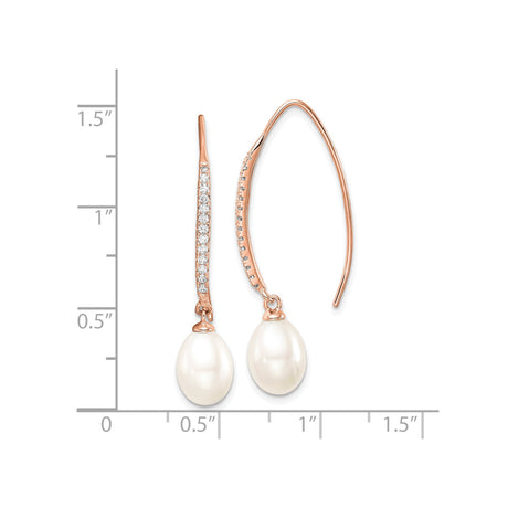 Sterling Silver Rose Gold Plated Threader Drop Earrings with Freshwater Pearl and Cubic Zirconia