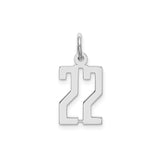 Sterling Silver Number 22 Pendant, Sports Charm in Polished Modern Font for Unisex Adults