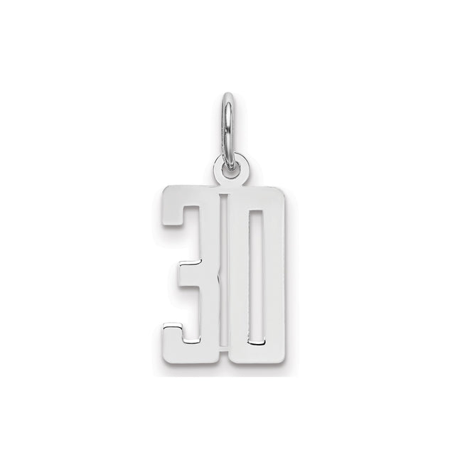 Sterling Silver Number 30 Pendant Charm, Modern Cutout Milestone Design for Birthday or Anniversary