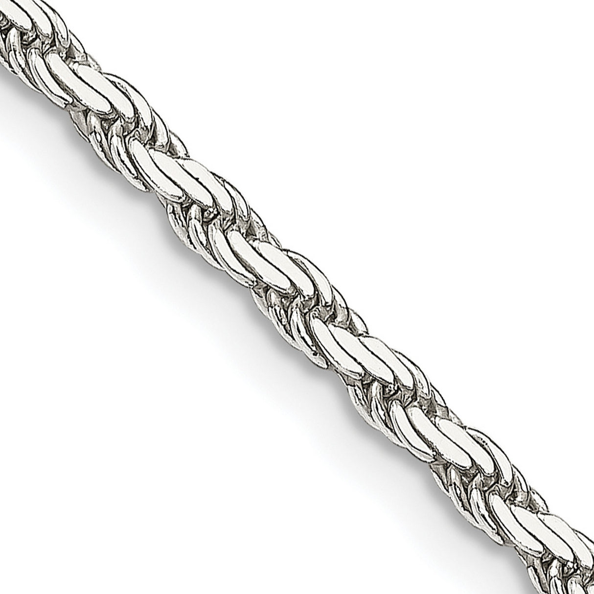 925 White Gold 2.5 mm Rope Chain Necklace, Polished detail view