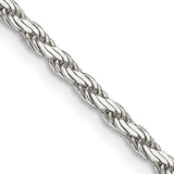 925 White Gold 2.5 mm Rope Chain Necklace, Polished detail view