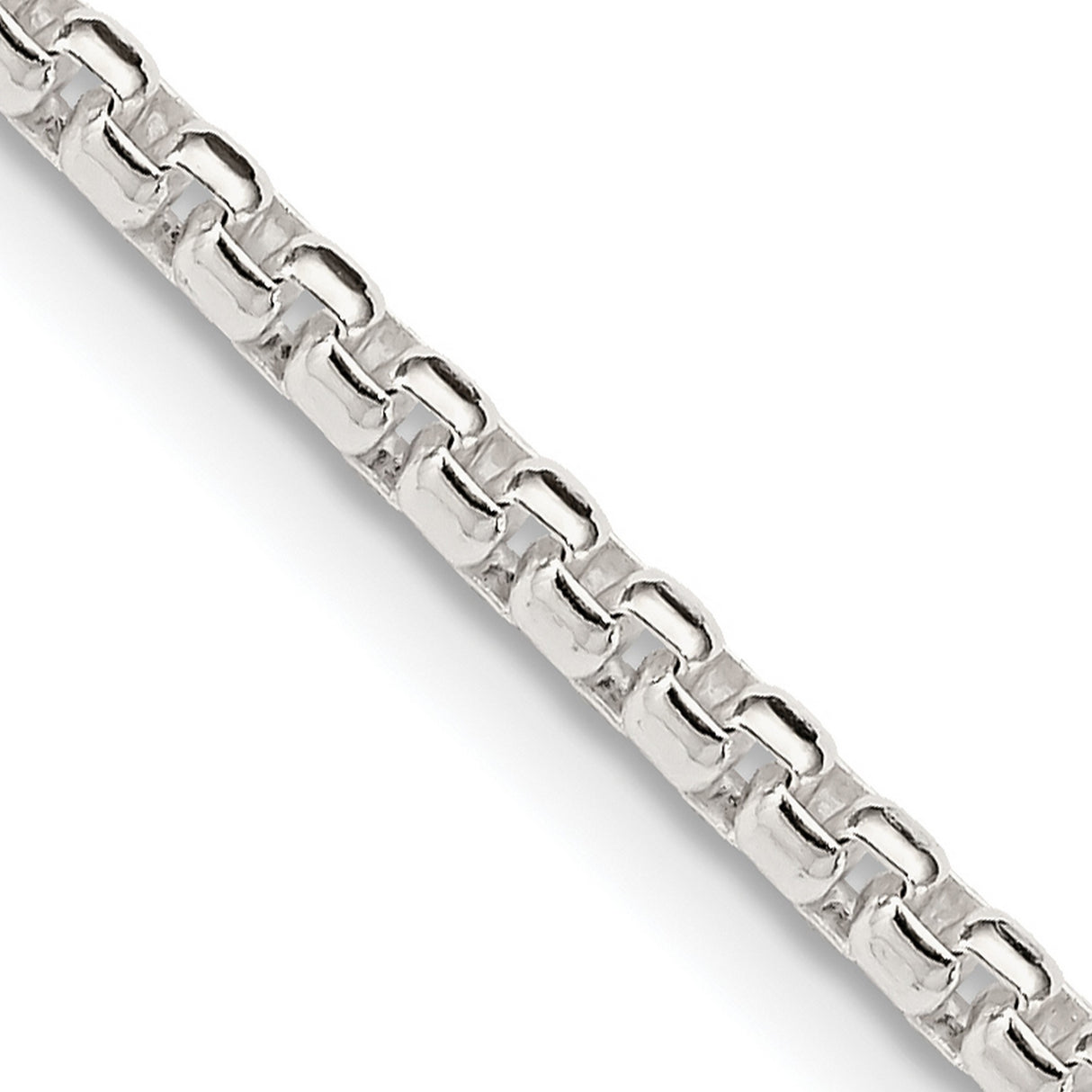 925 White Gold 2.6 mm Box Chain Necklace, Polished detail view