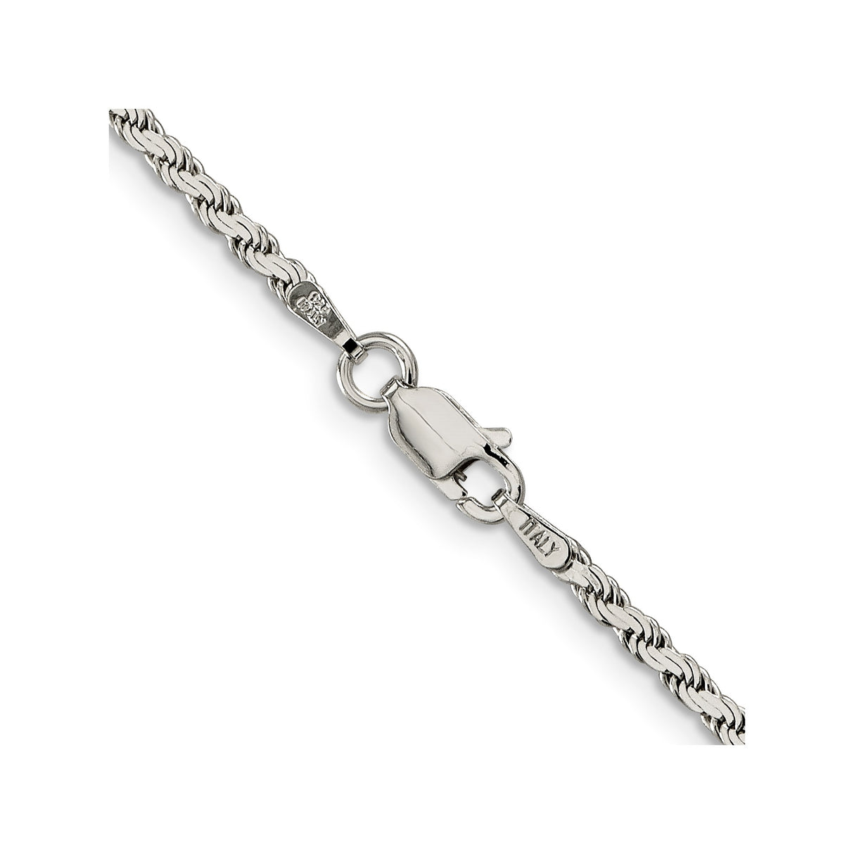 925 White Gold 2.25 mm Rope Chain Necklace, Polished alternate angle