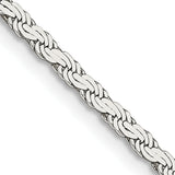 925 White Gold 2.25 mm Rope Chain Necklace, Polished detail view