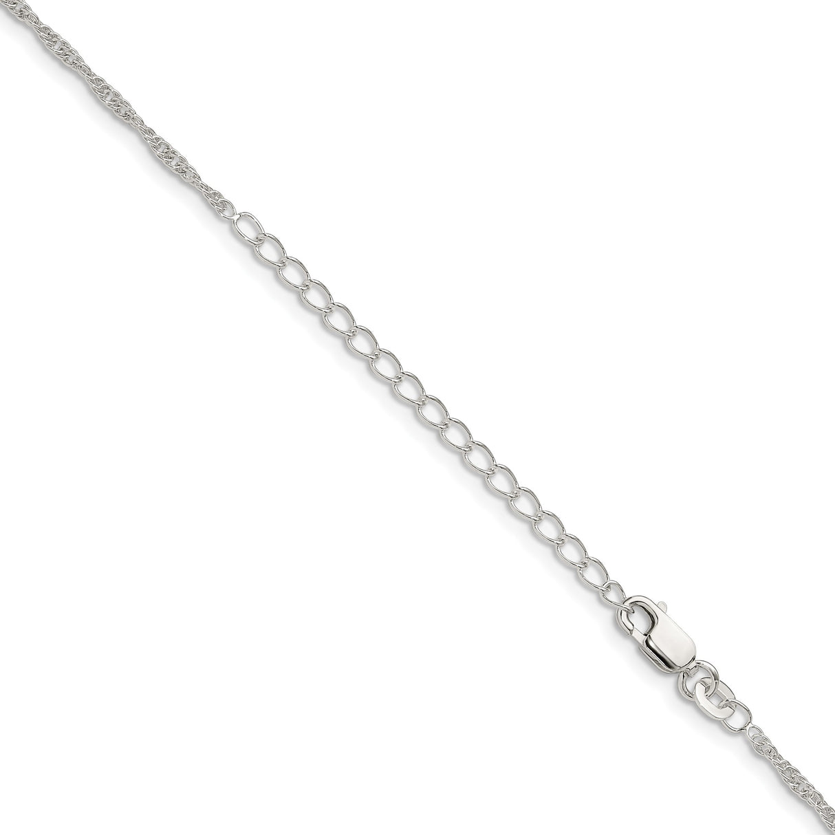925 White Gold 1.95 mm Rope Chain Necklace, Polished detail view