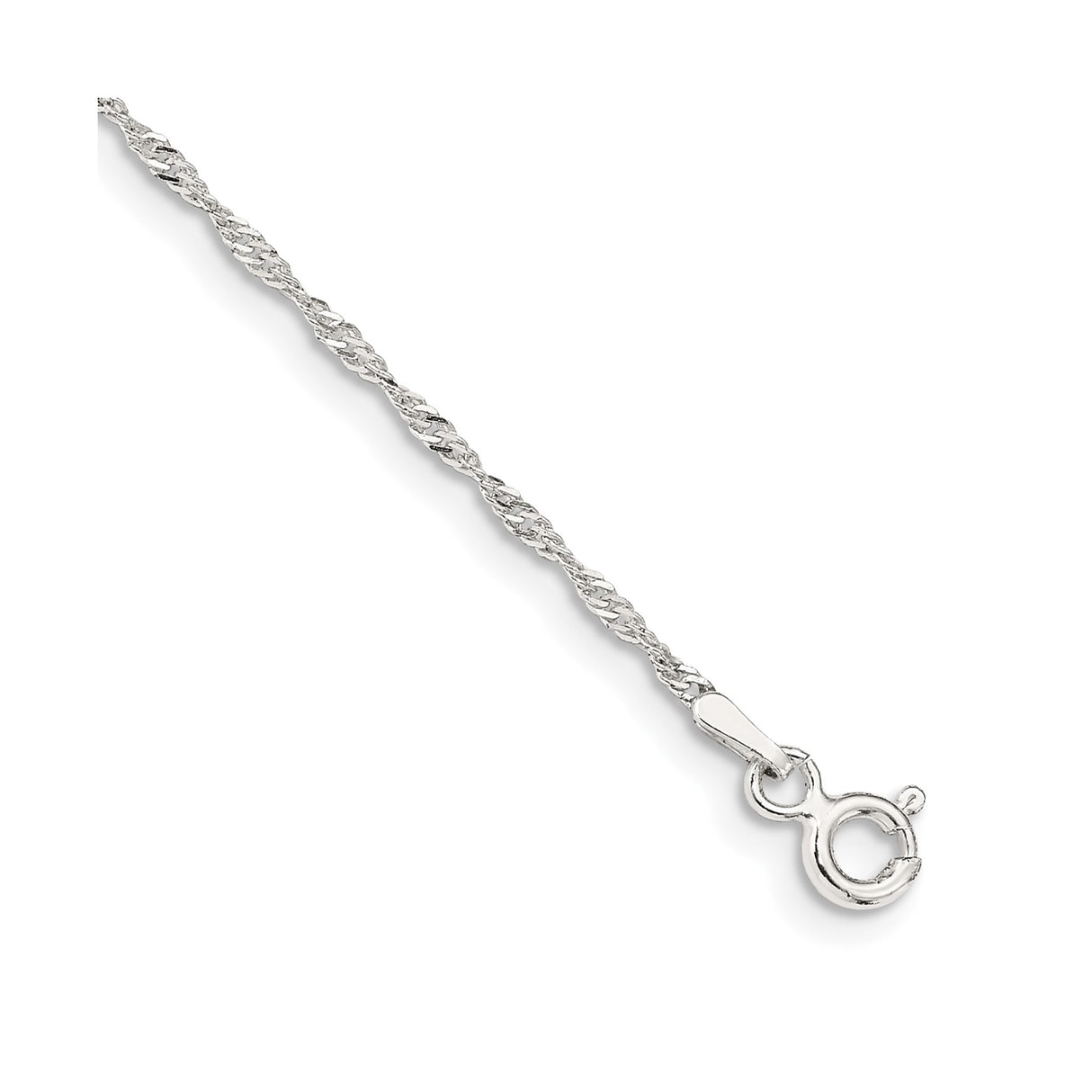 925 White Gold 1.4 mm Singapore Chain Anklet, Polished shown for scale