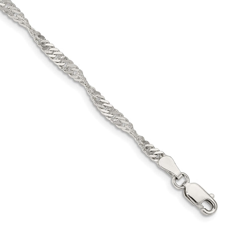 925 White Gold 3 mm Singapore Chain Bracelet, Polished shown for scale
