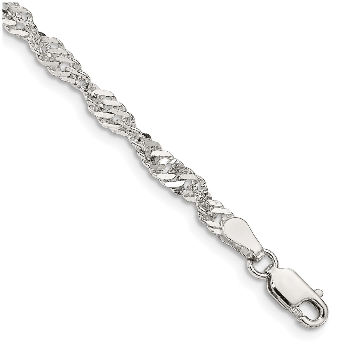 925 White Gold 3.5 mm Singapore Chain Bracelet, Polished shown for scale